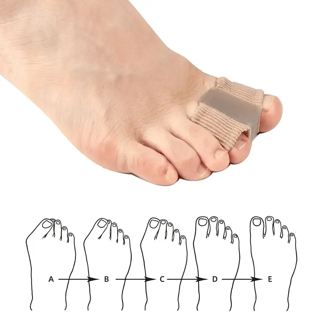 Illustration showing how the SoleSavor sleeve gently aligns the big toe
